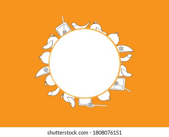 Black White Rosh Hashanah symbols around White circle with Orange frame