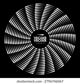Black and white rotating blade of an industrial turbine fan. Dynamic circular motion. Mechanical ventilation system. Vector illustration for industrial design and renewable energy technologies.