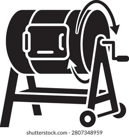 Black and white of a rotating compost tumbler or mixer on a stand with arrows indicating motion isolated on white background