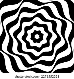 Black and white rotating flower shapes. Bloom pattern with vortex effect. Ortical illusion with floral theme. Twisty dynamic texture. Vector graphic illustration