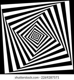 Black and white rotating squares. Pattern with vortex effect. Ortical illusion with quadrangle shapes. Twisty dynamic texture. Vector graphic illustration.