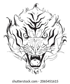 black and white rough illustration with tiger head