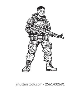 Black and white rough ink sketch of  soldier with weapon and body armor.
