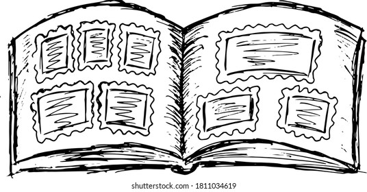 Dibujo en línea dura en blanco y negro de páginas de álbum de fotos desplegadas. Ilustración simple de un libro con imágenes en hojas