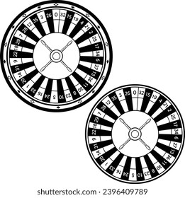 Black and white roullette wheel illustration. Roullettes wheel line art