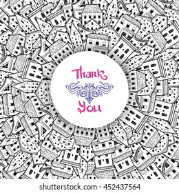 Black and white round border made of houses with place for text, hand-drawn frame, can be used for invitations, postcards, flyers, cup, card, Eps 10