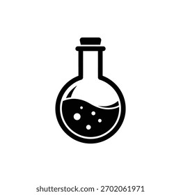 Icono de química de frasco de fondo redondo en blanco y negro