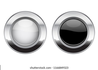 Black and white round buttons. Glass 3d shiny icons with wide metal frame. Vector illustration isolated on white background