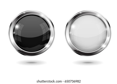 Black and white round buttons with metal frame. Vector 3d illustration isolated on white background.