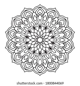 Black white round circular mandala ornament for oriental decoration pattern, easy coloring book template vector.