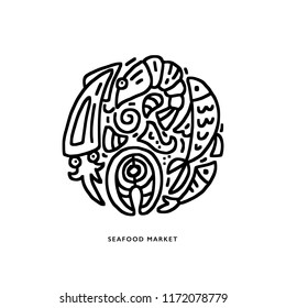 Black and white round composition of vector elements of seafood in creative emblem isolated on white background