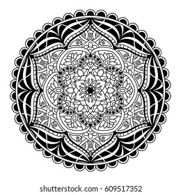 Black and white round decorative element. Mandala style.