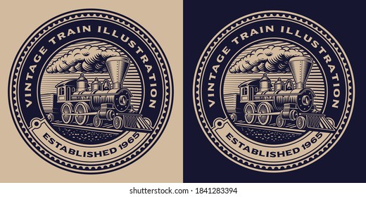 A black and white round emblem with a vintage train. This design can also be used as a shirt print or as a logotype