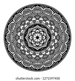 Black and white round ethnic mandala, vector illustration on white background. Can be used for coloring book, greeting card, phone case print, etc. Islam, Arabic, Pakistan, Moroccan, Turkish motifs.