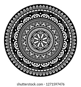 Black and white round ethnic mandala, vector illustration on white background. Can be used for coloring book, greeting card, phone case print, etc. Islam, Arabic, Pakistan, Moroccan, Turkish motifs.