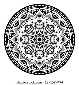 Black and white round ethnic mandala, vector illustration on white background. Can be used for coloring book, greeting card, phone case print, etc. Islam, Arabic, Pakistan, Moroccan, Turkish motifs.