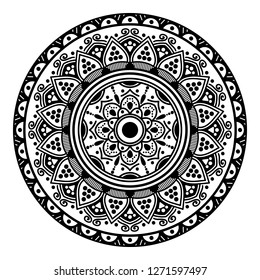 Black and white round ethnic mandala, vector illustration on white background. Can be used for coloring book, greeting card, phone case print, etc. Islam, Arabic, Pakistan, Moroccan, Turkish motifs.