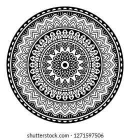 Black and white round ethnic mandala, vector illustration on white background. Can be used for coloring book, greeting card, phone case print, etc. Islam, Arabic, Pakistan, Moroccan, Turkish motifs.