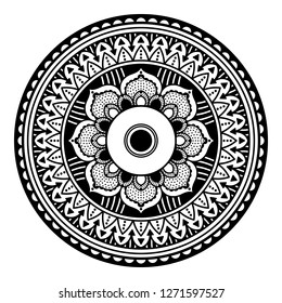 Black and white round ethnic mandala, vector illustration on white background. Can be used for coloring book, greeting card, phone case print, etc. Islam, Arabic, Pakistan, Moroccan, Turkish motifs.
