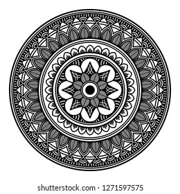 Black and white round ethnic mandala, vector illustration on white background. Can be used for coloring book, greeting card, phone case print, etc. Islam, Arabic, Pakistan, Moroccan, Turkish motifs.