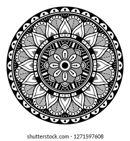 Black and white round ethnic mandala, vector illustration on white background. Can be used for coloring book, greeting card, phone case print, etc. Islam, Arabic, Pakistan, Moroccan, Turkish motifs.