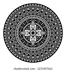 Black and white round ethnic mandala, vector illustration on white background. Can be used for coloring book, greeting card, phone case print, etc. Islam, Arabic, Pakistan, Moroccan, Turkish motifs.
