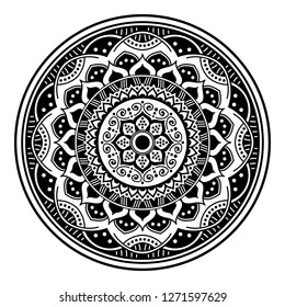 Black and white round ethnic mandala, vector illustration on white background. Can be used for coloring book, greeting card, phone case print, etc. Islam, Arabic, Pakistan, Moroccan, Turkish motifs.