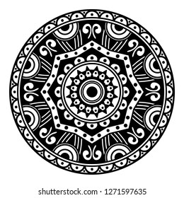 Black and white round ethnic mandala, vector illustration on white background. Can be used for coloring book, greeting card, phone case print, etc. Islam, Arabic, Pakistan, Moroccan, Turkish motifs.