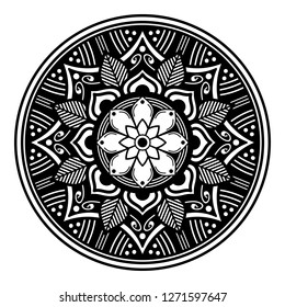 Black and white round ethnic mandala, vector illustration on white background. Can be used for coloring book, greeting card, phone case print, etc. Islam, Arabic, Pakistan, Moroccan, Turkish motifs.