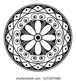 Black and white round ethnic mandala, vector illustration on white background. Can be used for coloring book, greeting card, phone case print, etc. Islam, Arabic, Pakistan, Moroccan, Turkish motifs.