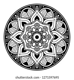 Black and white round ethnic mandala, vector illustration on white background. Can be used for coloring book, greeting card, phone case print, etc. Islam, Arabic, Pakistan, Moroccan, Turkish motifs.