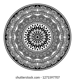 Black and white round ethnic mandala, vector illustration on white background. Can be used for coloring book, greeting card, phone case print, etc. Islam, Arabic, Pakistan, Moroccan, Turkish motifs.