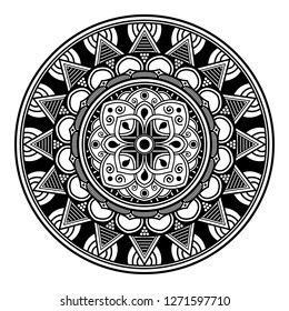 Black and white round ethnic mandala, vector illustration on white background. Can be used for coloring book, greeting card, phone case print, etc. Islam, Arabic, Pakistan, Moroccan, Turkish motifs.