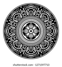 Black and white round ethnic mandala, vector illustration on white background. Can be used for coloring book, greeting card, phone case print, etc. Islam, Arabic, Pakistan, Moroccan, Turkish motifs.