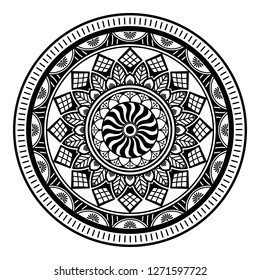 Black and white round ethnic mandala, vector illustration on white background. Can be used for coloring book, greeting card, phone case print, etc. Islam, Arabic, Pakistan, Moroccan, Turkish motifs.