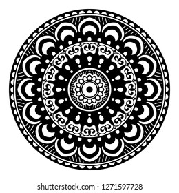 Black and white round ethnic mandala, vector illustration on white background. Can be used for coloring book, greeting card, phone case print, etc. Islam, Arabic, Pakistan, Moroccan, Turkish motifs.