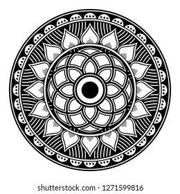 Black and white round ethnic mandala, vector illustration on white background. Can be used for coloring book, greeting card, phone case print, etc. Islam, Arabic, Pakistan, Moroccan, Turkish motifs.