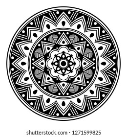 Black and white round ethnic mandala, vector illustration on white background. Can be used for coloring book, greeting card, phone case print, etc. Islam, Arabic, Pakistan, Moroccan, Turkish motifs.