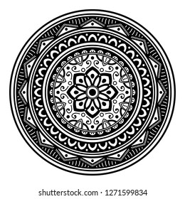 Black and white round ethnic mandala, vector illustration on white background. Can be used for coloring book, greeting card, phone case print, etc. Islam, Arabic, Pakistan, Moroccan, Turkish motifs.