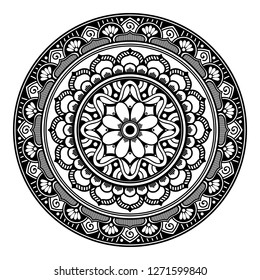 Black and white round ethnic mandala, vector illustration on white background. Can be used for coloring book, greeting card, phone case print, etc. Islam, Arabic, Pakistan, Moroccan, Turkish motifs.