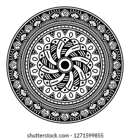 Black and white round ethnic mandala, vector illustration on white background. Can be used for coloring book, greeting card, phone case print, etc. Islam, Arabic, Pakistan, Moroccan, Turkish motifs.