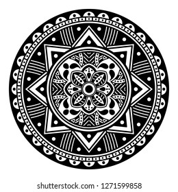 Black and white round ethnic mandala, vector illustration on white background. Can be used for coloring book, greeting card, phone case print, etc. Islam, Arabic, Pakistan, Moroccan, Turkish motifs.