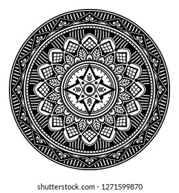 Black and white round ethnic mandala, vector illustration on white background. Can be used for coloring book, greeting card, phone case print, etc. Islam, Arabic, Pakistan, Moroccan, Turkish motifs.