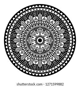 Black and white round ethnic mandala, vector illustration on white background. Can be used for coloring book, greeting card, phone case print, etc. Islam, Arabic, Pakistan, Moroccan, Turkish motifs.