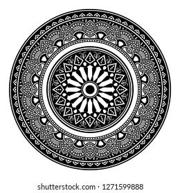 Black and white round ethnic mandala, vector illustration on white background. Can be used for coloring book, greeting card, phone case print, etc. Islam, Arabic, Pakistan, Moroccan, Turkish motifs.