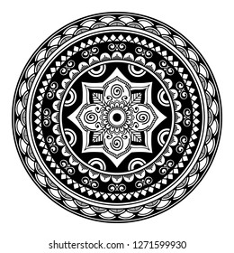 Black and white round ethnic mandala, vector illustration on white background. Can be used for coloring book, greeting card, phone case print, etc. Islam, Arabic, Pakistan, Moroccan, Turkish motifs.