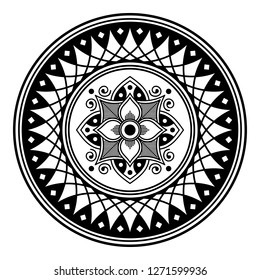Black and white round ethnic mandala, vector illustration on white background. Can be used for coloring book, greeting card, phone case print, etc. Islam, Arabic, Pakistan, Moroccan, Turkish motifs.