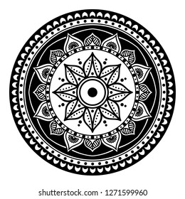 Black and white round ethnic mandala, vector illustration on white background. Can be used for coloring book, greeting card, phone case print, etc. Islam, Arabic, Pakistan, Moroccan, Turkish motifs.