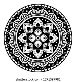 Black and white round ethnic mandala, vector illustration on white background. Can be used for coloring book, greeting card, phone case print, etc. Islam, Arabic, Pakistan, Moroccan, Turkish motifs.