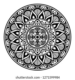 Black and white round ethnic mandala, vector illustration on white background. Can be used for coloring book, greeting card, phone case print, etc. Islam, Arabic, Pakistan, Moroccan, Turkish motifs.